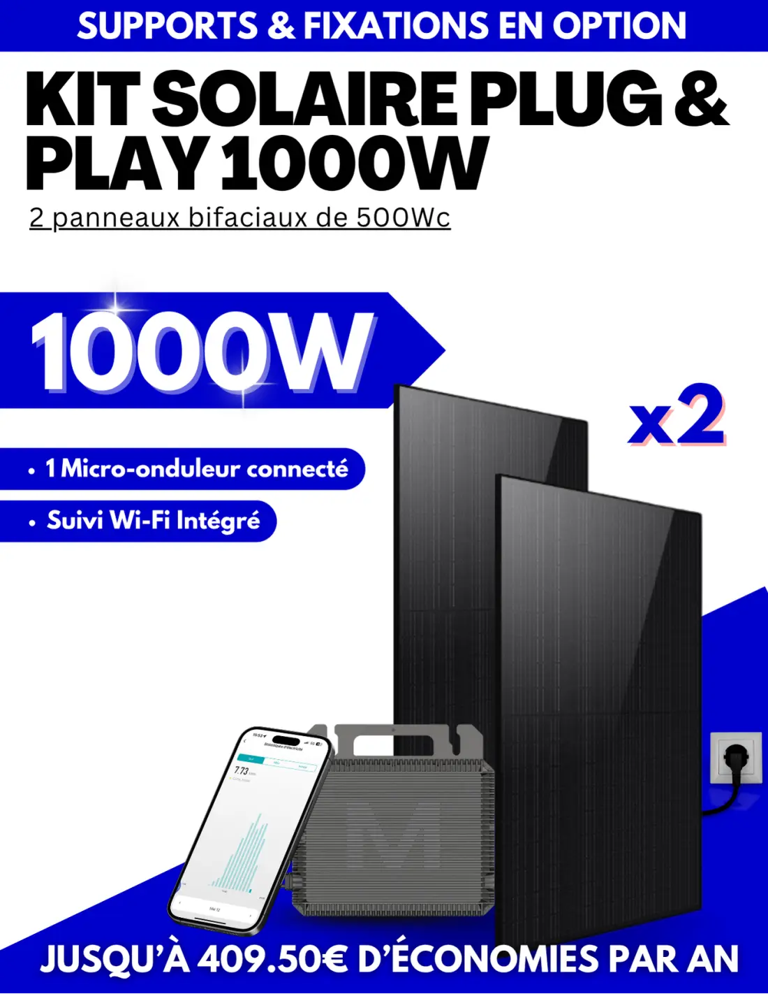 Kit solaire Plug & Play 1000W - 2 panneaux bifaciaux - Suivi WIFI intégré