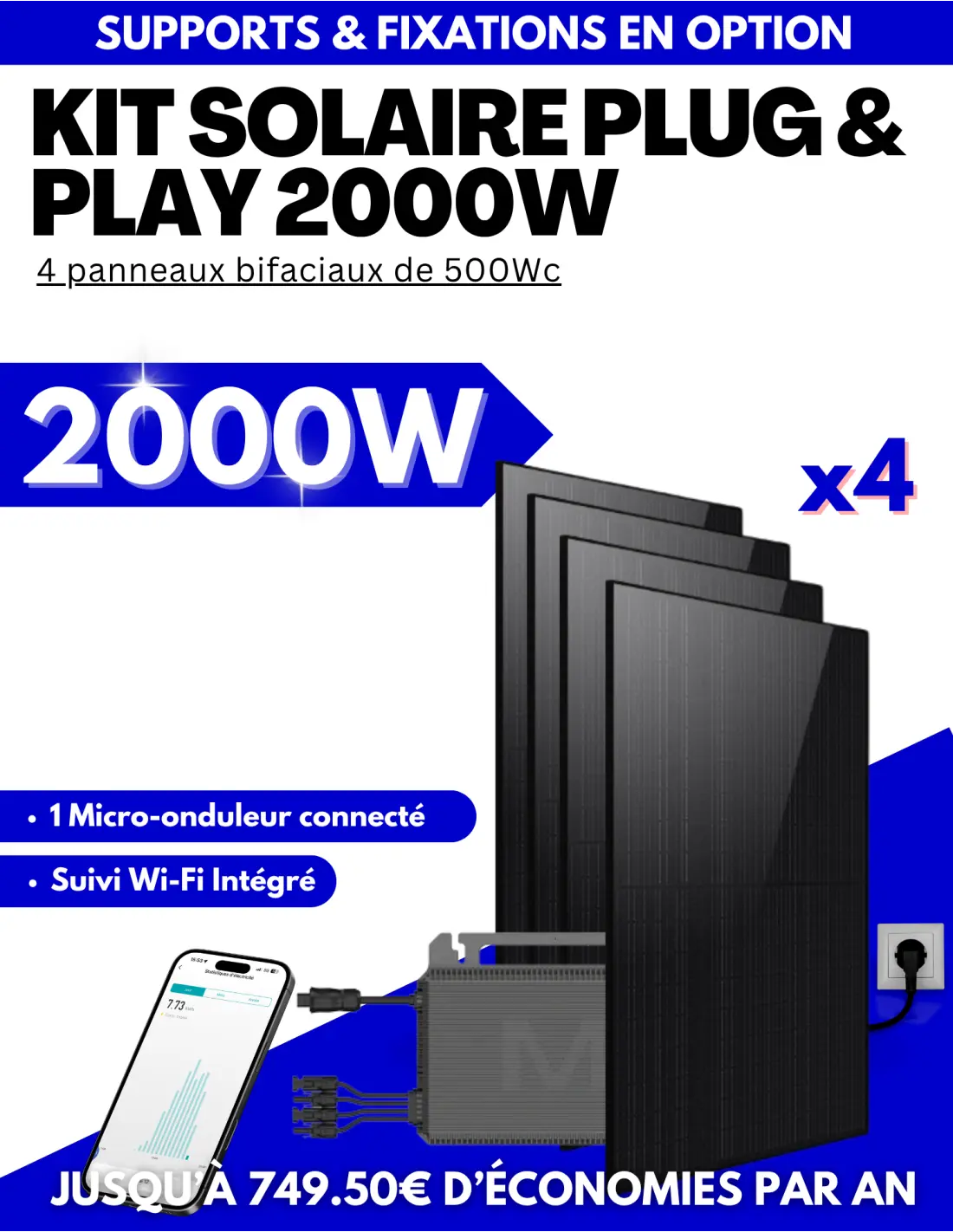 Kit solaire Plug & Play 2000W - 4 panneaux bifaciaux - Suivi WIFI intégré - 1 onduleur