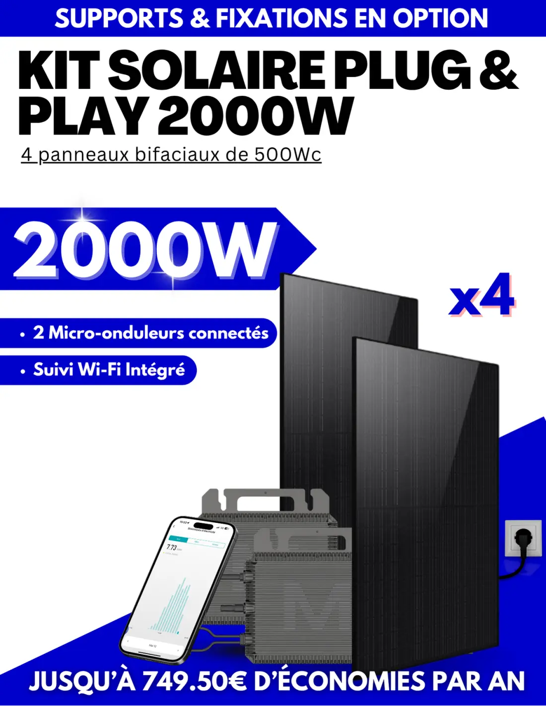 Kit solaire Plug & Play 2000W - 4 panneaux bifaciaux - Suivi WIFI intégré - 2 onduleurs